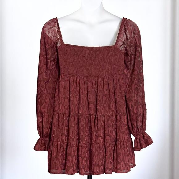 A. Calin Smocked Mini Dress Sz Medium Tiered Burgundy Scoop Neck Long Sleeve NWT - Picture 10 of 13
